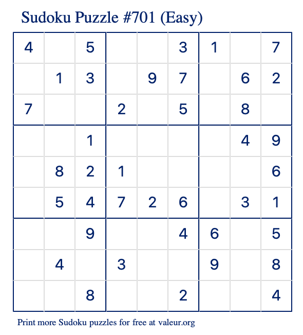 Free Printable Easy Sudoku Puzzle number 701