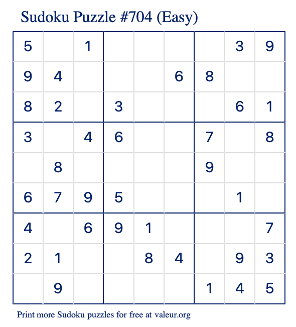 Free Printable Easy Sudoku Puzzle number 704