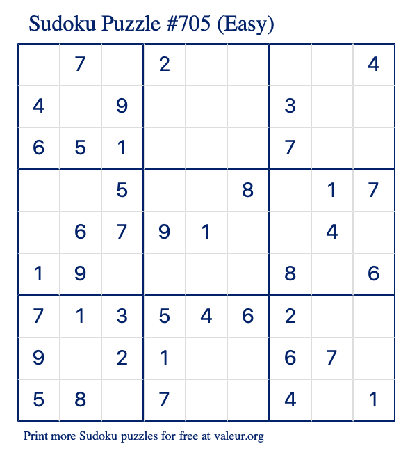 Free Printable Easy Sudoku Puzzle number 705