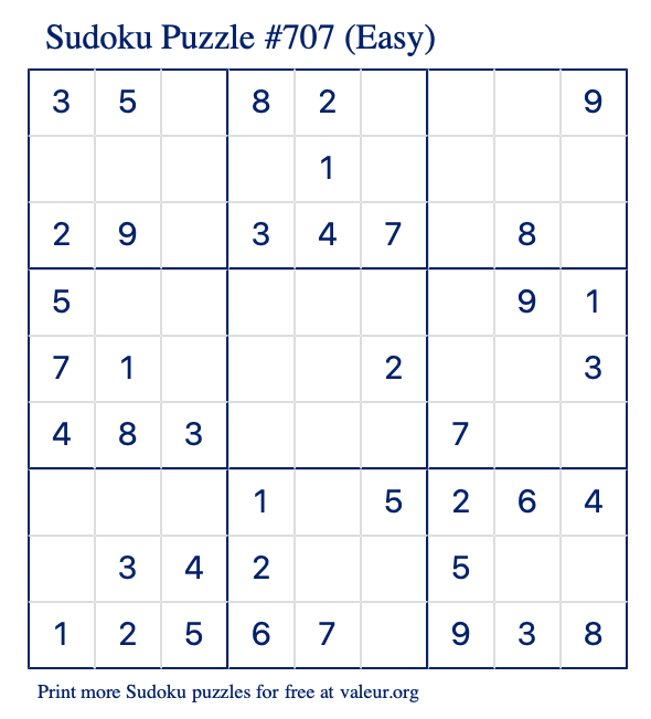 Free Printable Easy Sudoku Puzzle number 707