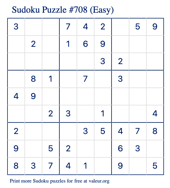 Free Printable Easy Sudoku Puzzle number 708