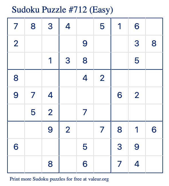 Free Printable Easy Sudoku Puzzle number 712