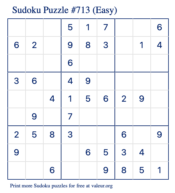 Free Printable Easy Sudoku Puzzle number 713