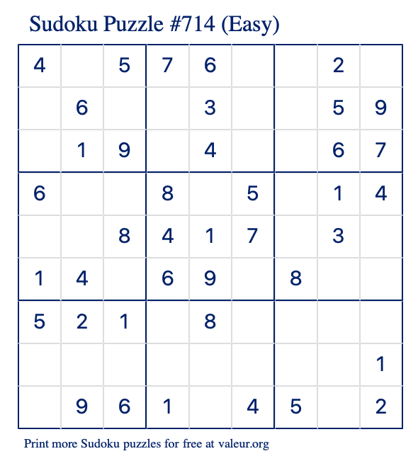 Free Printable Easy Sudoku Puzzle number 714