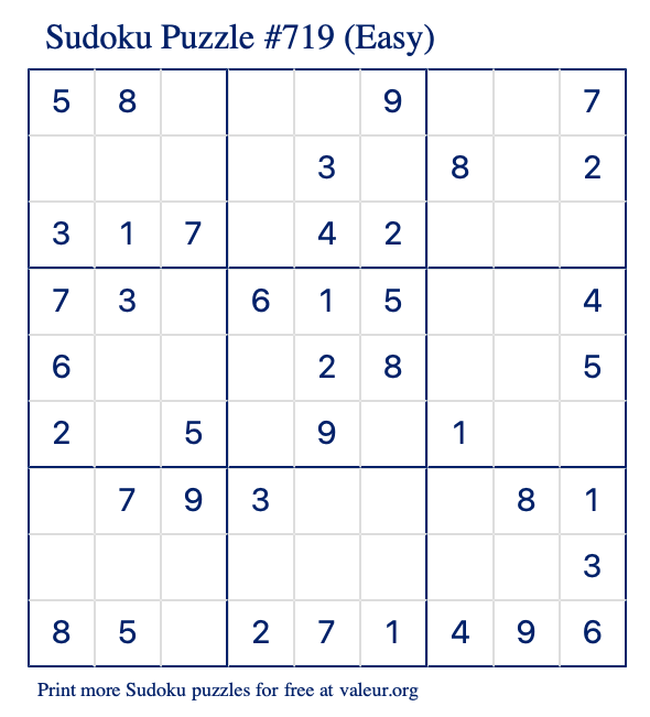 Free Printable Easy Sudoku Puzzle number 719