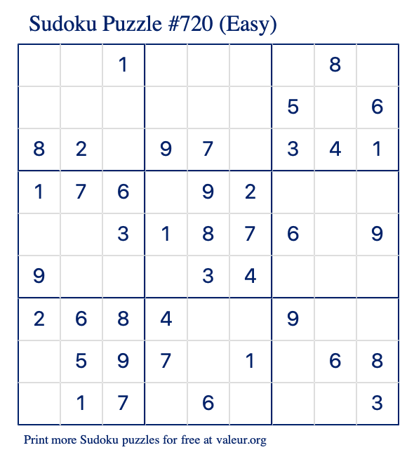 Free Printable Easy Sudoku Puzzle number 720