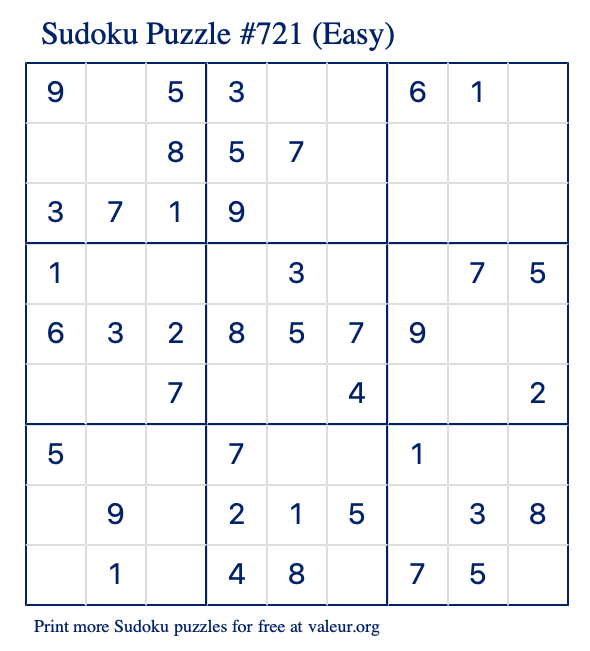 Free Printable Easy Sudoku Puzzle number 721