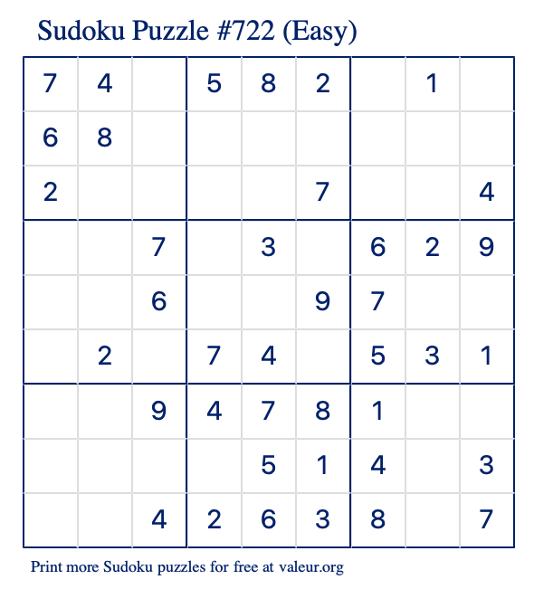 Free Printable Easy Sudoku Puzzle number 722