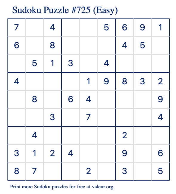 Free Printable Easy Sudoku Puzzle number 725