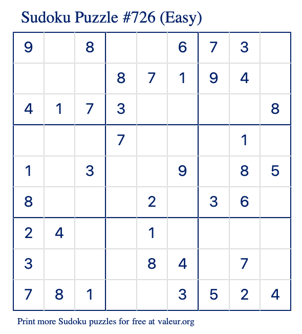 Free Printable Easy Sudoku Puzzle number 726