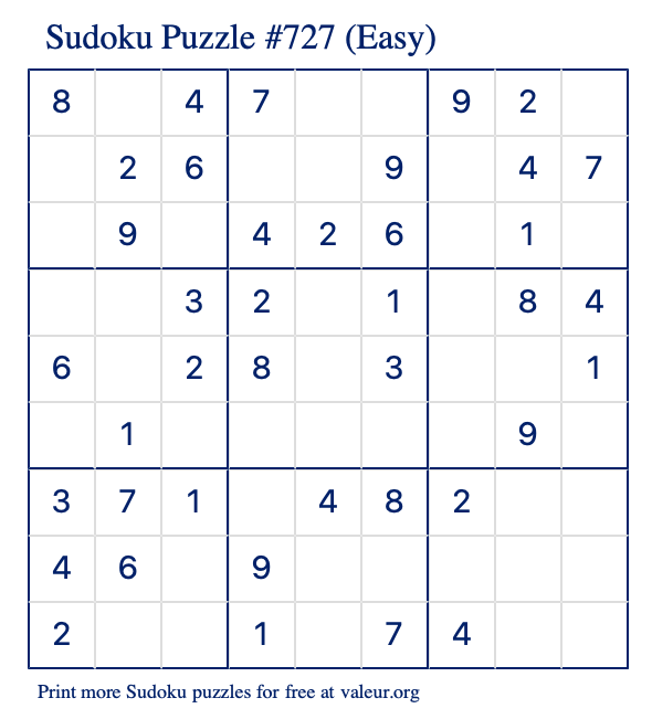 Free Printable Easy Sudoku Puzzle number 727