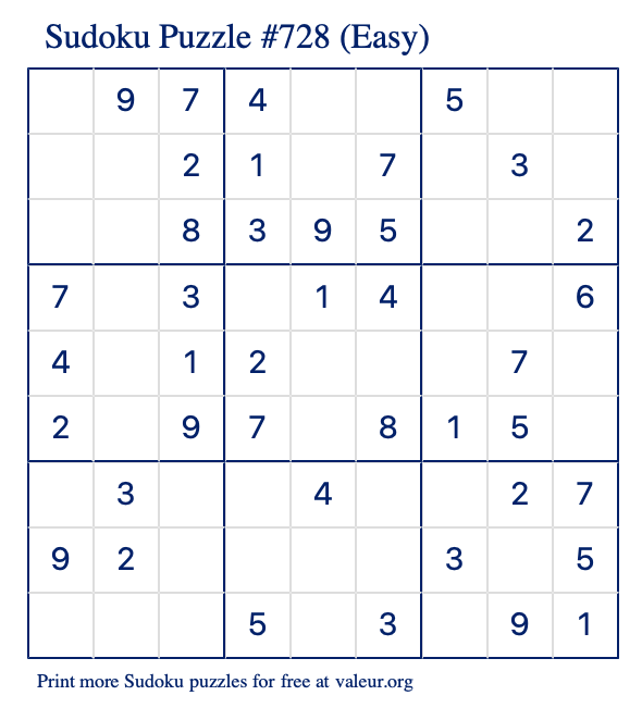 Free Printable Easy Sudoku Puzzle number 728