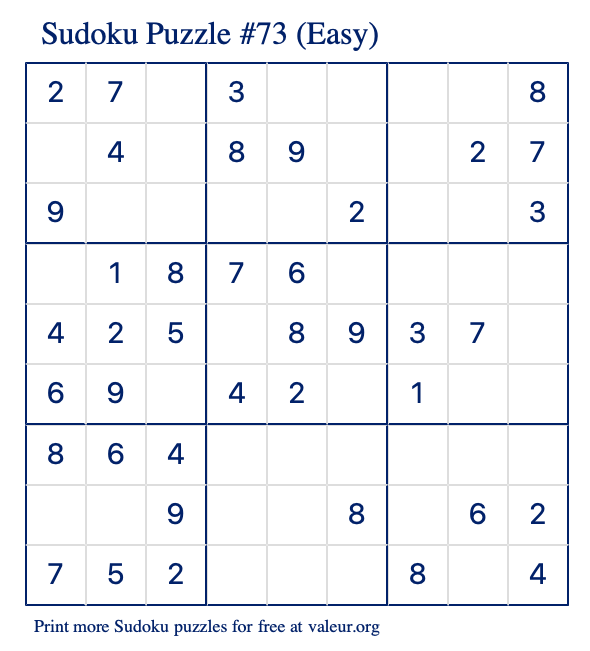 Free Printable Easy Sudoku Puzzle number 73