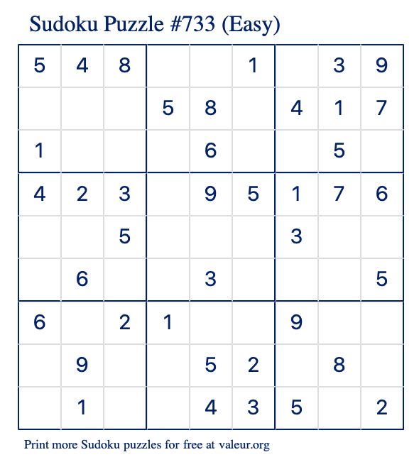Free Printable Easy Sudoku Puzzle number 733