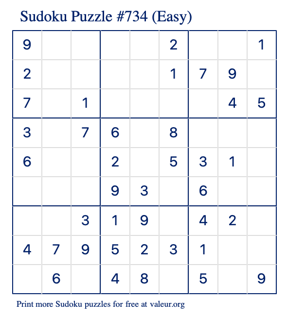 Free Printable Easy Sudoku Puzzle number 734