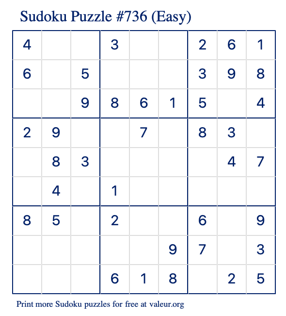 Free Printable Easy Sudoku Puzzle number 736