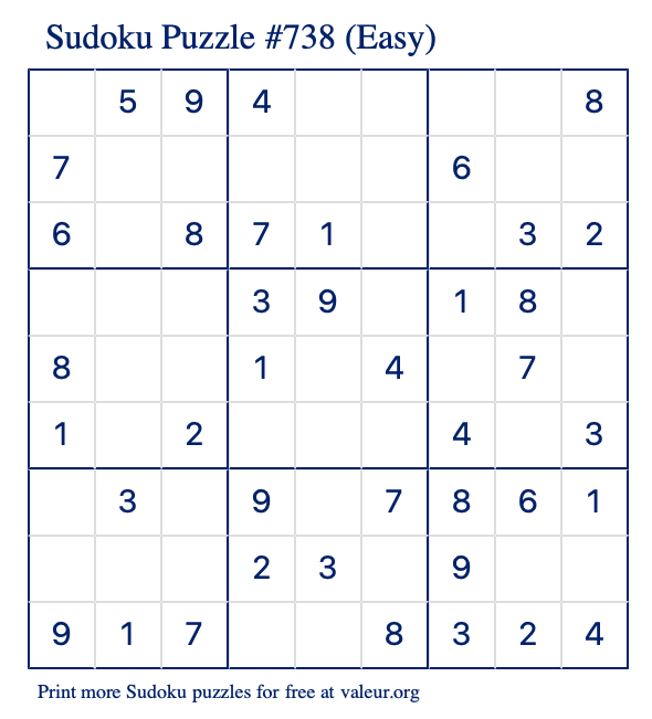 Free Printable Easy Sudoku Puzzle number 738