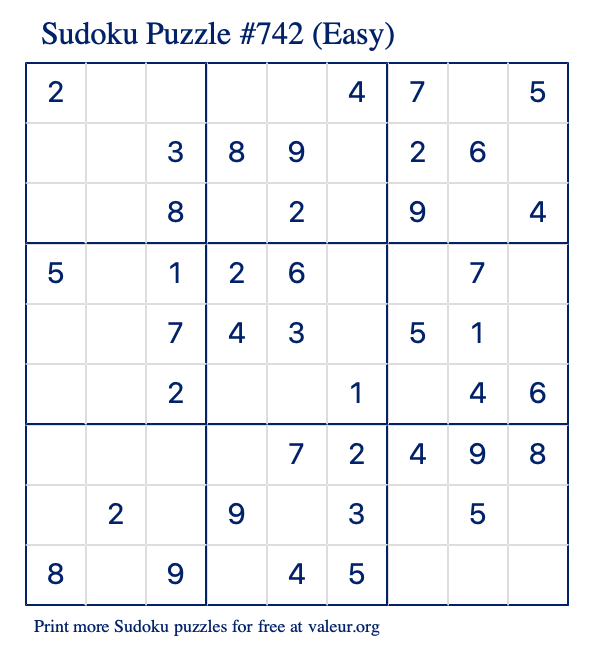 Free Printable Easy Sudoku Puzzle number 742