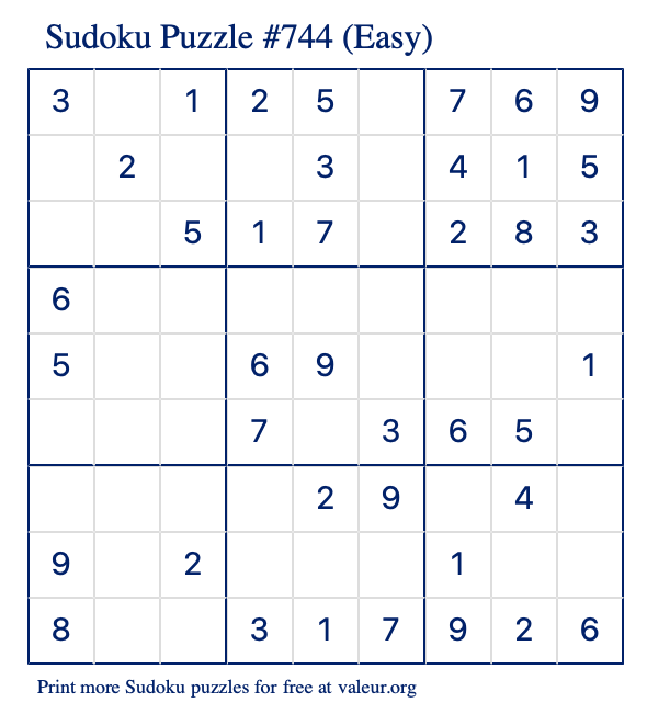 Free Printable Easy Sudoku Puzzle number 744
