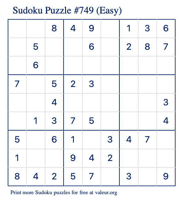 Free Printable Easy Sudoku Puzzle number 749