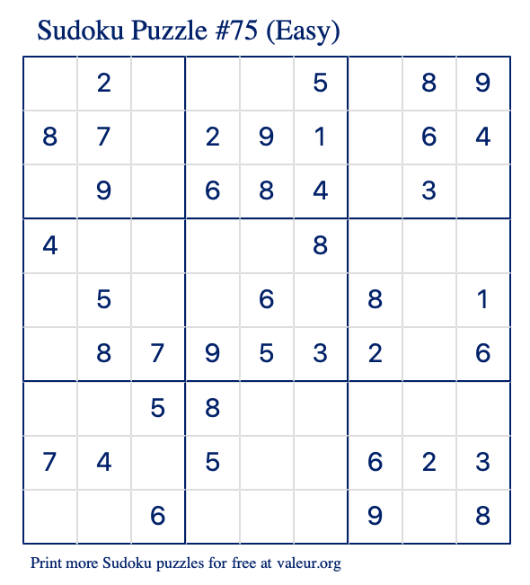 Free Printable Easy Sudoku Puzzle number 75