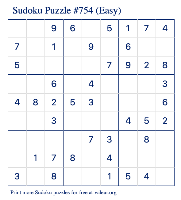 Free Printable Easy Sudoku Puzzle number 754