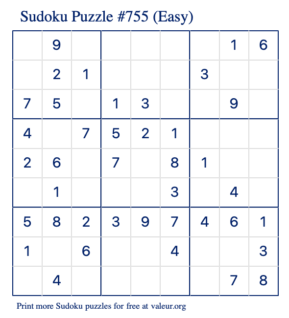 Free Printable Easy Sudoku Puzzle number 755