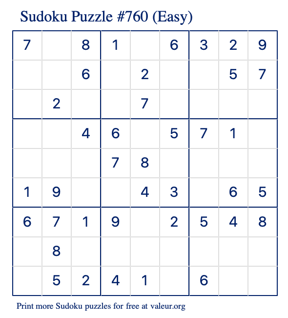 Free Printable Easy Sudoku Puzzle number 760