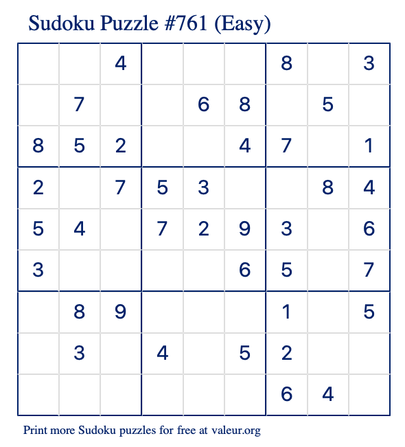 Free Printable Easy Sudoku Puzzle number 761