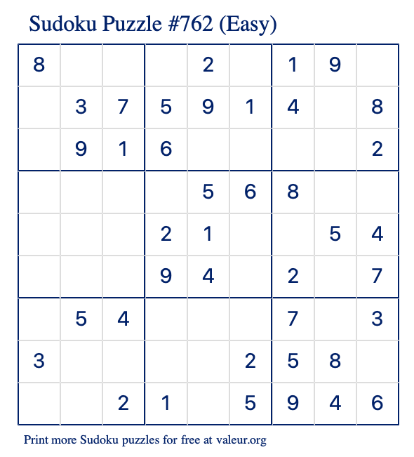 Free Printable Easy Sudoku Puzzle number 762