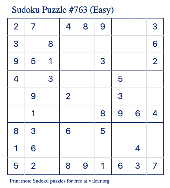 Free Printable Easy Sudoku Puzzle number 763