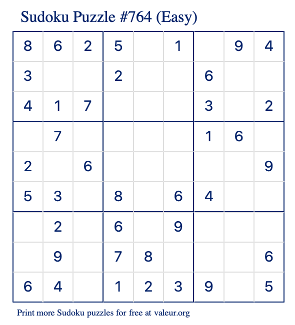 Free Printable Easy Sudoku Puzzle number 764