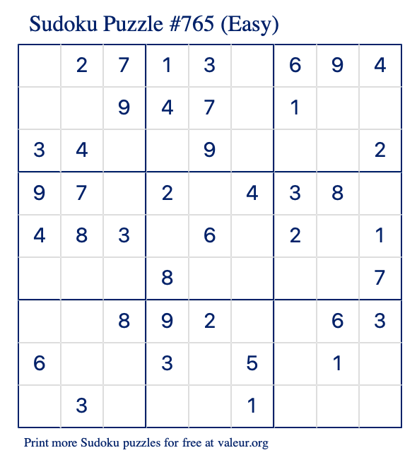 Free Printable Easy Sudoku Puzzle number 765