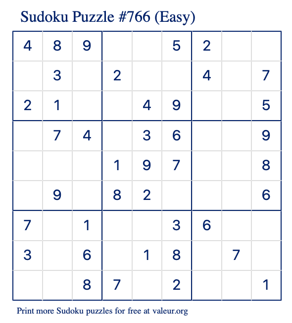 Free Printable Easy Sudoku Puzzle number 766