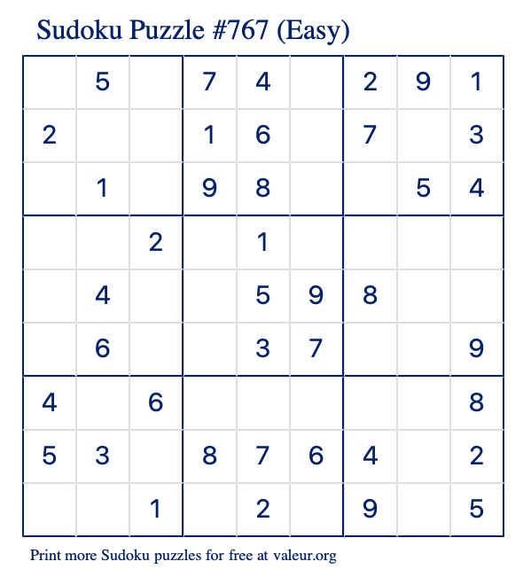 Free Printable Easy Sudoku Puzzle number 767