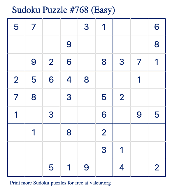 Free Printable Easy Sudoku Puzzle number 768