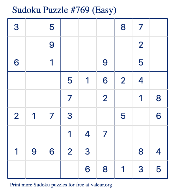 Free Printable Easy Sudoku Puzzle number 769