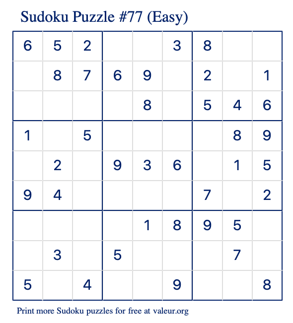 Free Printable Easy Sudoku Puzzle number 77