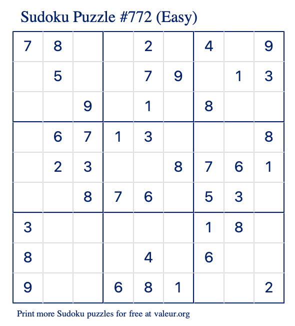 Free Printable Easy Sudoku Puzzle number 772