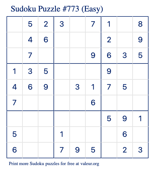 Free Printable Easy Sudoku Puzzle number 773