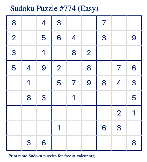 Free Printable Easy Sudoku Puzzle number 774