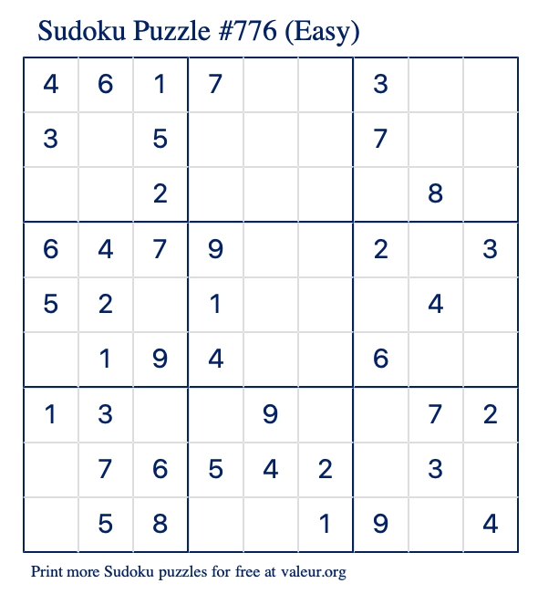 Free Printable Easy Sudoku Puzzle number 776