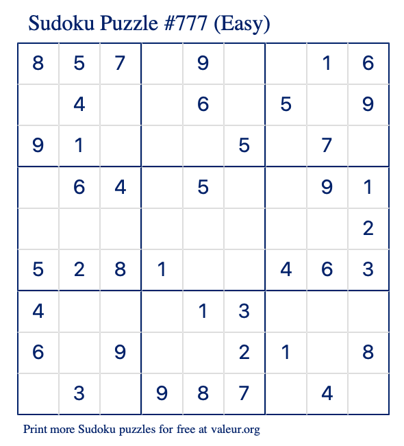 Free Printable Easy Sudoku Puzzle number 777