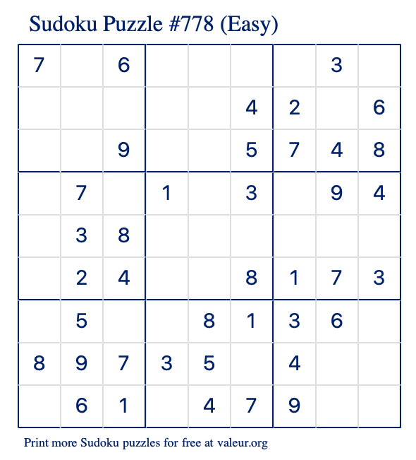 Free Printable Easy Sudoku Puzzle number 778