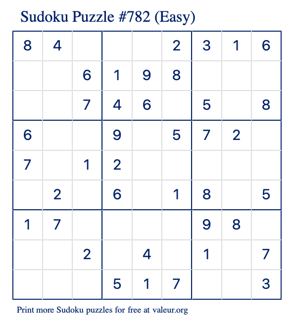 Free Printable Easy Sudoku Puzzle number 782