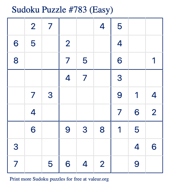 Free Printable Easy Sudoku Puzzle number 783