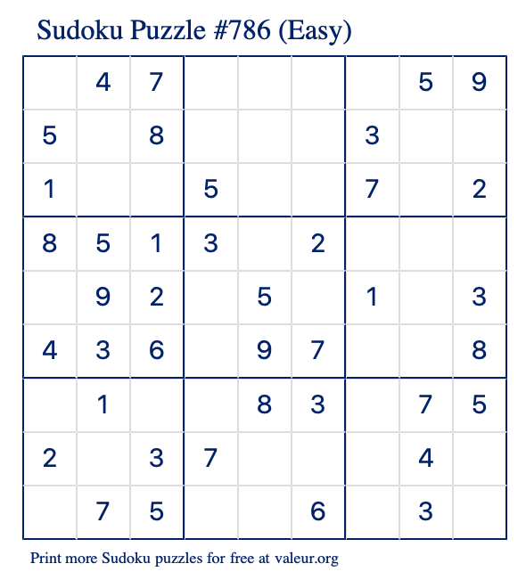 Free Printable Easy Sudoku Puzzle number 786