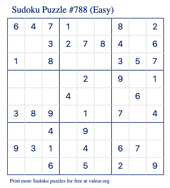 Free Printable Easy Sudoku Puzzle number 788