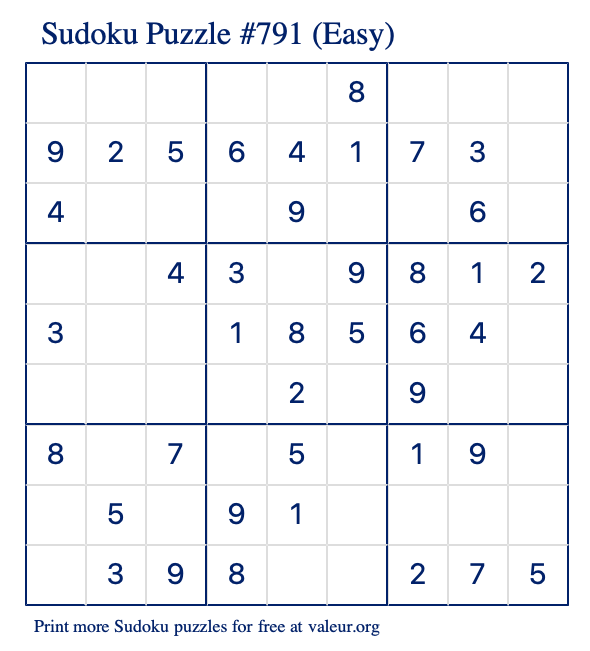 Free Printable Easy Sudoku Puzzle number 791