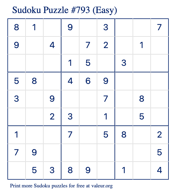 Free Printable Easy Sudoku Puzzle number 793